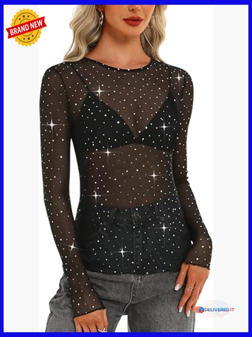 Sheer Mesh Long Sleeve Top Crew Neck See Through Floral Embroidery Lace Blouse